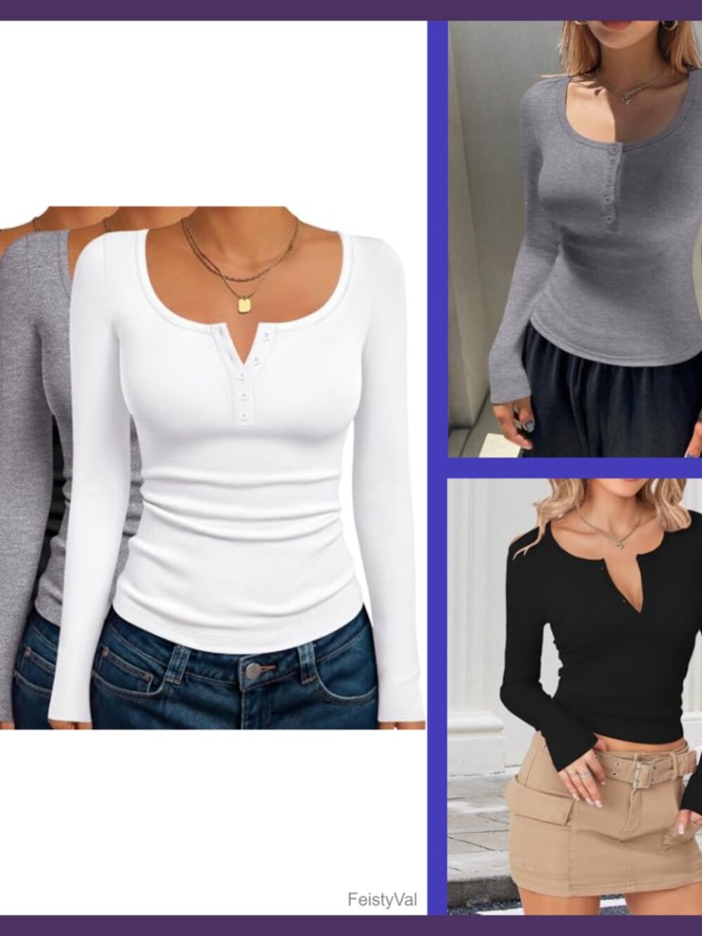 Women's Long Sleeve Henley Tops 3 Pack Button Neck Fitted Base Layer Shirts